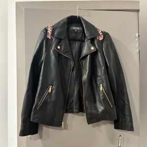 Kenneth Cole Reaction Black Leather Jacket with Floral Embroidery on Shoulders